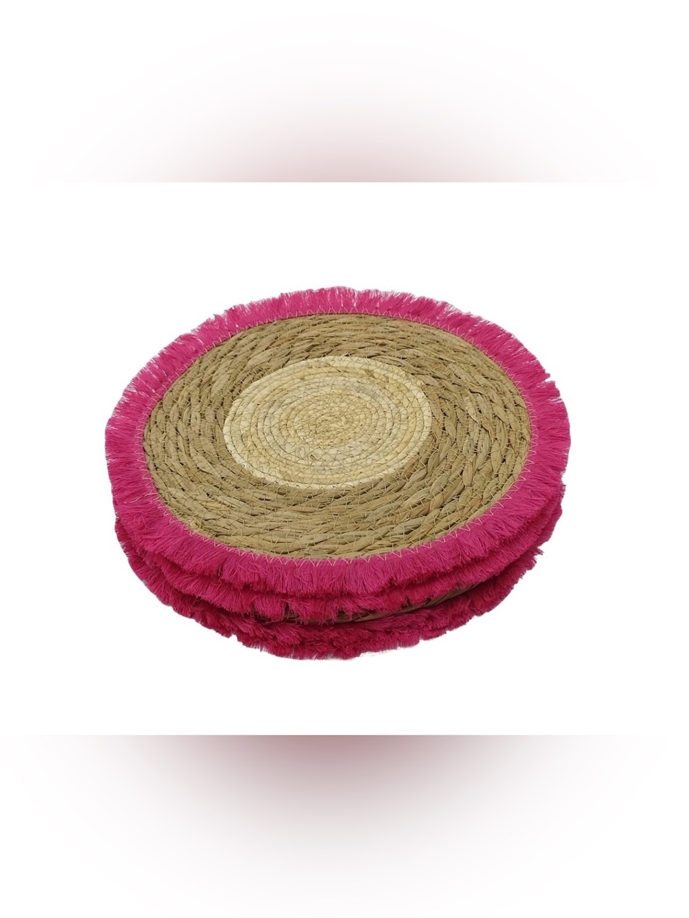 Celebrate It Natural Straw Placemat with Hot Pink Fringe- set of 4